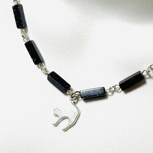 Dark Blue Goldstone Short Necklace w/ Silver Cute Slim Cat Pendant